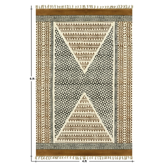 Casavani Hand Block Printed Black Cotton Living, Dining Room Area Carpets Square Outdoor Rug 6x6 feet