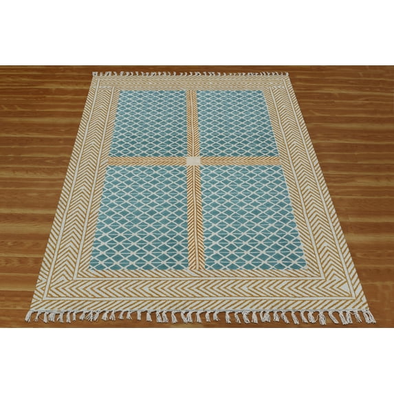 Casavani Hand Block Printed Blue Cotton Dhurrie Living Room Carpets Square Outdoor Patio Rug 5x5 feet