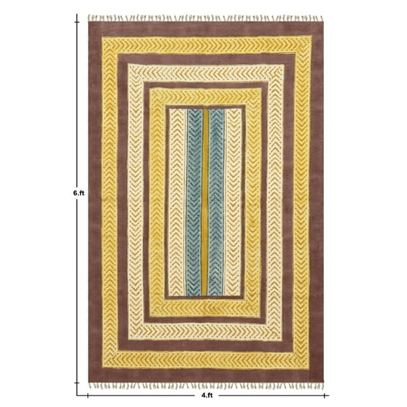 Casavani Hand Block Printed Brown Cotton Living & Dining Room Carpet Outdoor Patio Rug 4x7 feet