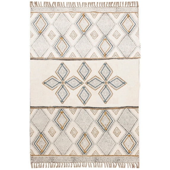 Casavani Hand Block Printed Cotton Dhurrie Grey Kitchen Area Mat Square Outdoor Rug Home Decor Kilim 7x7 feet