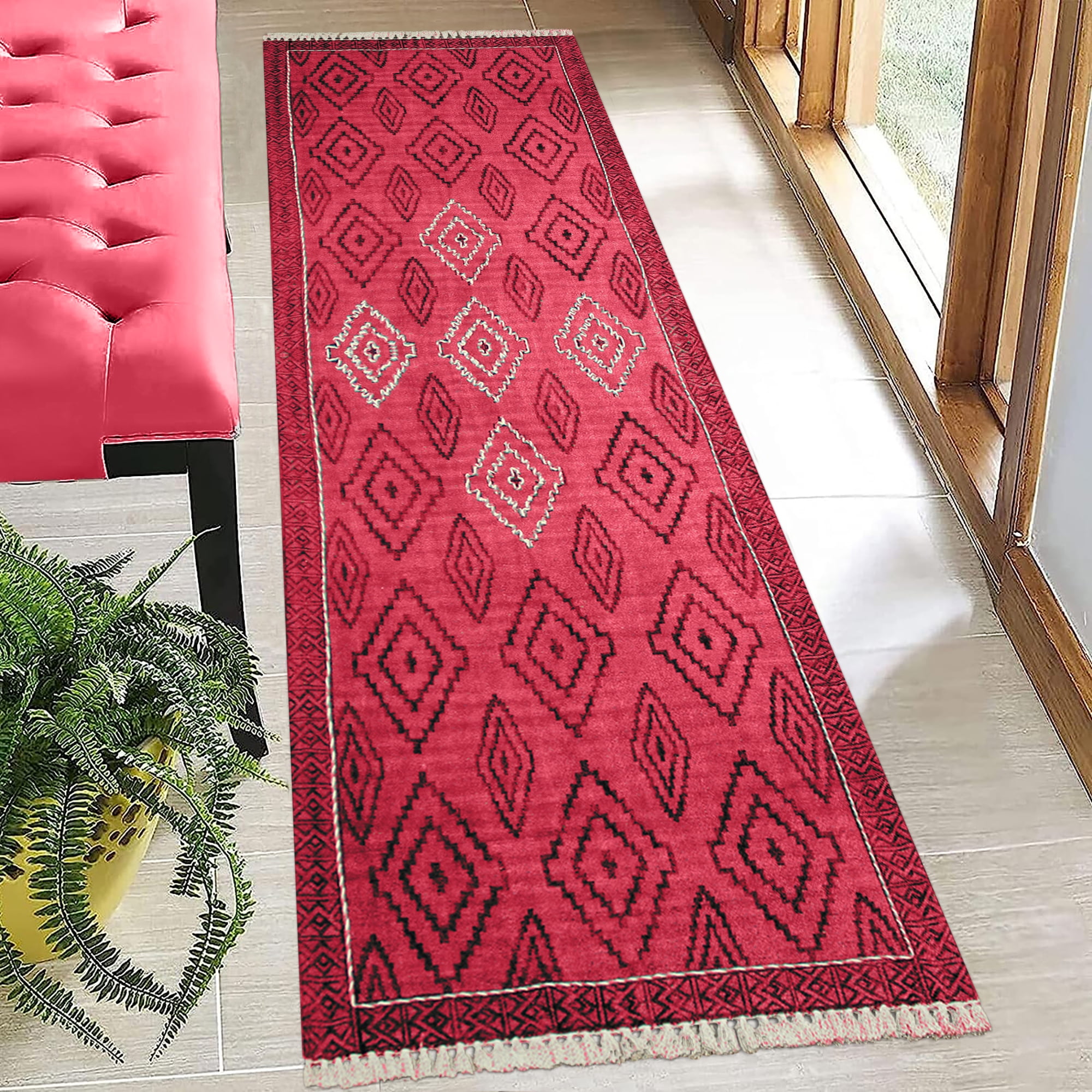 Casavani Hand Block Printed Cotton Dhurrie Red Bedroom Living Room Carpets Square Outdoor Rug