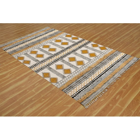 Casavani Hand Block Printed Cotton Dhurrie Yellow Bohemian Bedroom Carpets Outdoor Rug 12x15 feet
