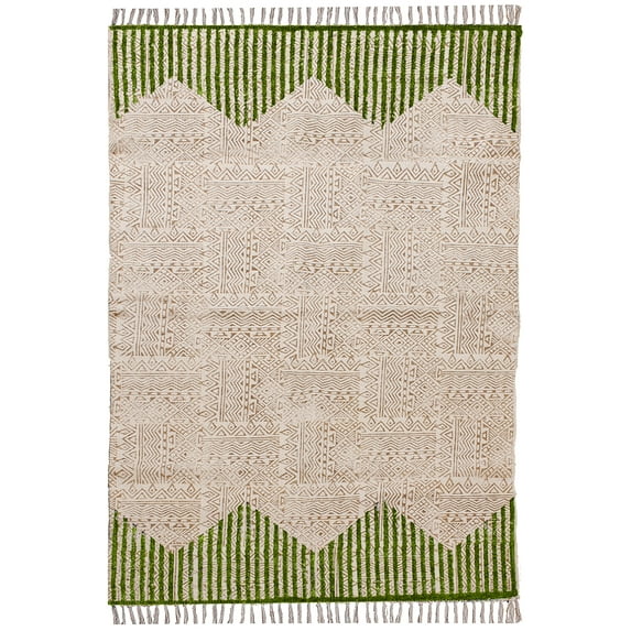Casavani Hand Block Printed Green Cotton Dhurrie Bedroom Living Room Carpets Outdoor Patio Rug 4x7 feet