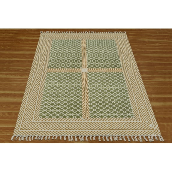 Casavani Hand Block Printed Green Cotton Living, Dining Room Area Carpets Square Outdoor Rug 11x11 feet