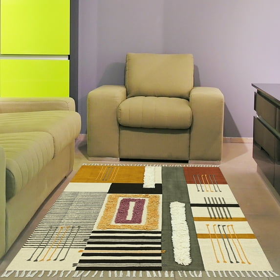 Casavani Hand Tufted Work Cotton Dhurrie Grey Outdoor Patio Rug Square Yellow Living Room Carpets 4x4 feet