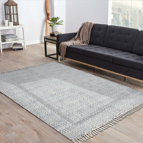 Casavani Hand Woven Natural Cotton Yoga Durrie,Blue 2.6x8 feet