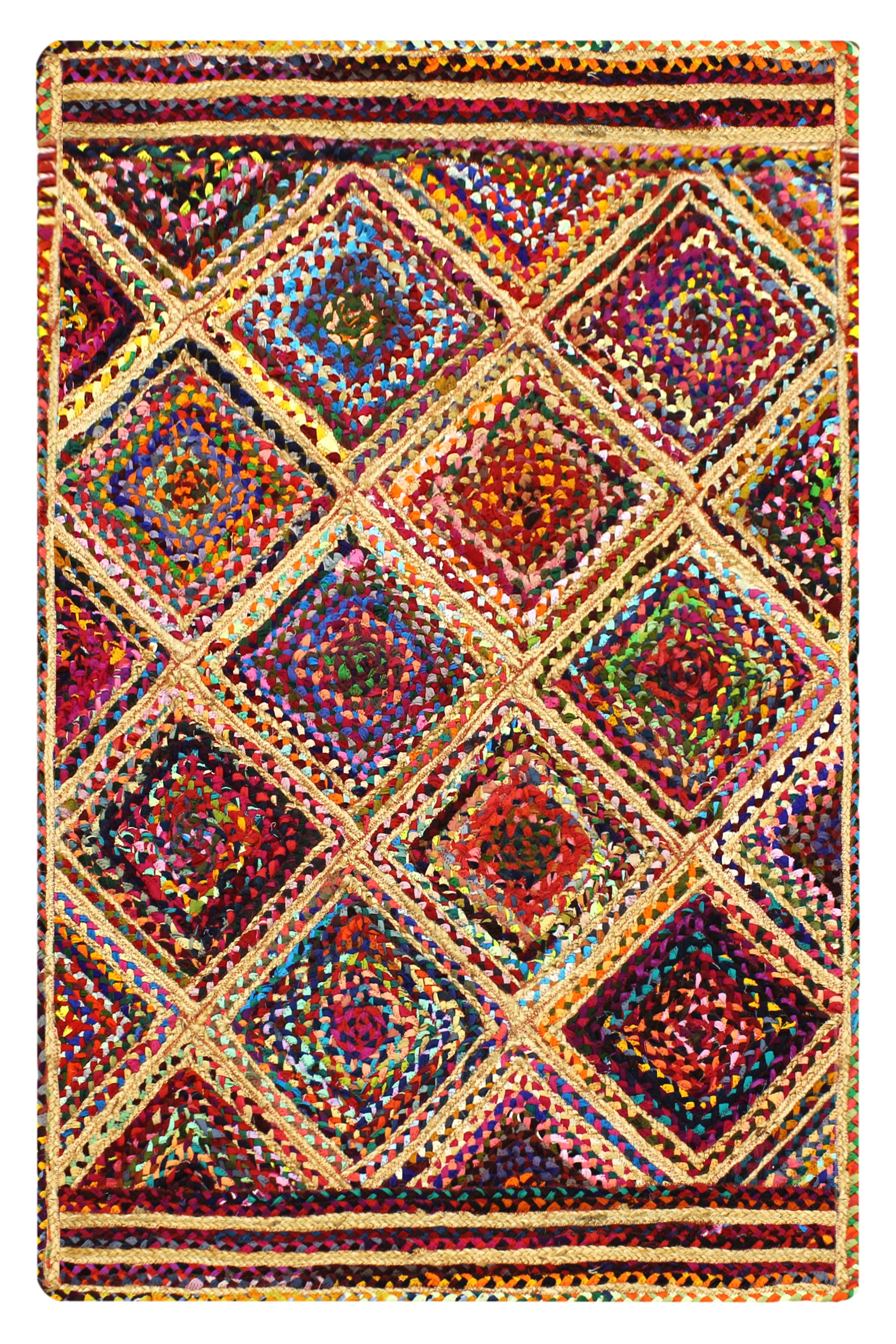 Casavani Hand Woven Jute Cotton Rug Geometric Multicolor Mat Indoor