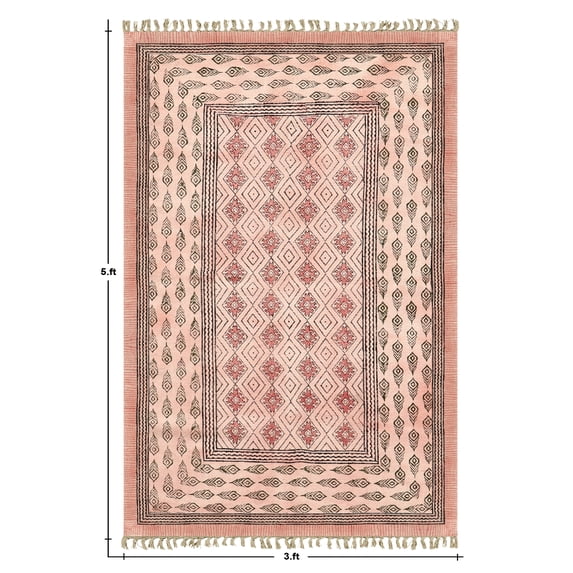 Casavani Handblock Printed Beige Cotton Carpets Bedroom Dining Room Kitchen Area Rugs 4x6 feet