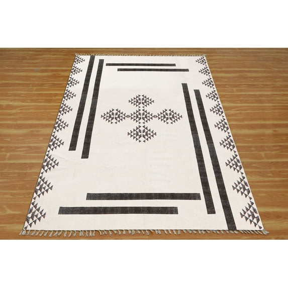 Casavani Handblock Printed Beige Cotton Carpets Bedroom Dining Room Kitchen Carpet Area Rugs 6x8 feet