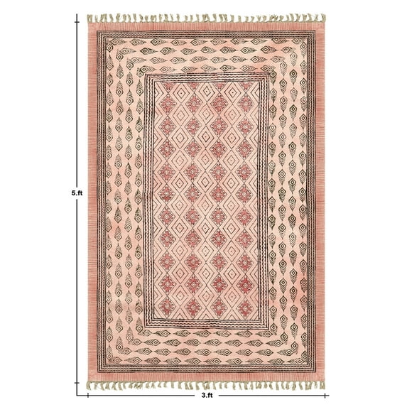 Casavani Handblock Printed Beige Cotton Carpets Square Bedroom Dining Room Kitchen Area Rugs 7x7 feet