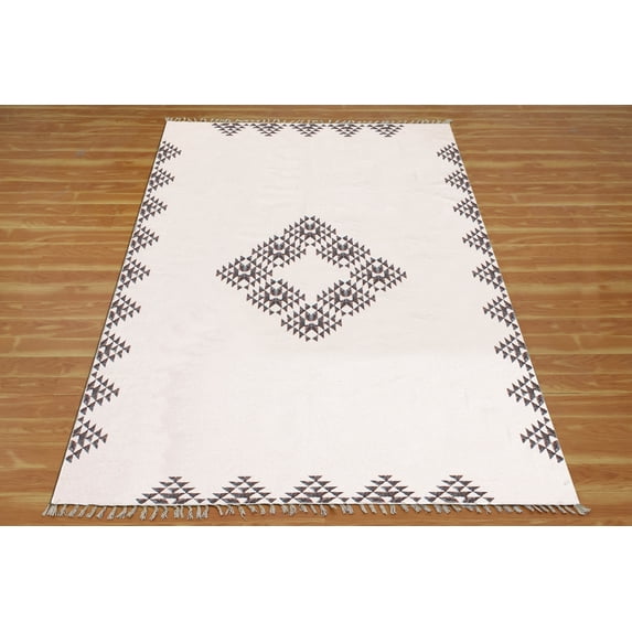 Casavani Handblock Printed Beige Cotton Dhurrie 12'x12' Square Area Rugs for Living Room & Dining Room