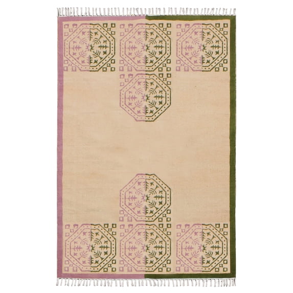 Casavani Handblock Printed Beige Cotton Dhurrie 4'x20' Runner Area Rugs for Farmhouse Hallway & Stairs