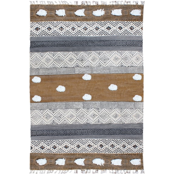 Casavani Handblock Printed Brown Cotton Carpets Square Bedroom Dining Room Kitchen Area Rugs 5x5 feet