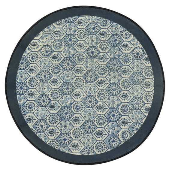 Casavani Handblock Printed Cotton Area Rug Round Dining, Bedroom Area Carpets, Blue 10x10 feet