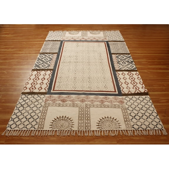 Casavani Handblock Printed Cotton Farmhouse Living Room Area Rug Geometric Area Carpet, Brown 12x18 feet