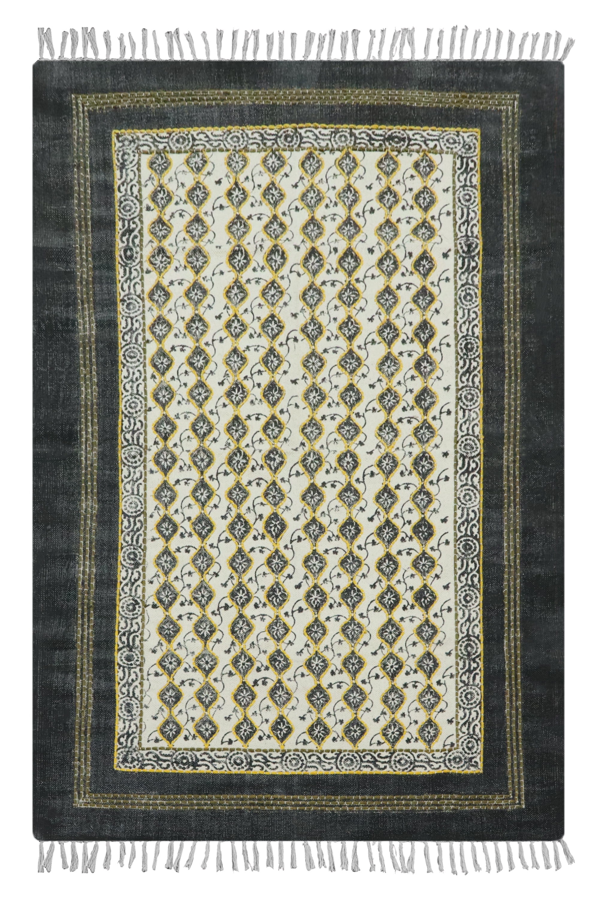 Casavani Handblock Printed Cotton Kilim Rug 11 Square Rug Black Beige ...