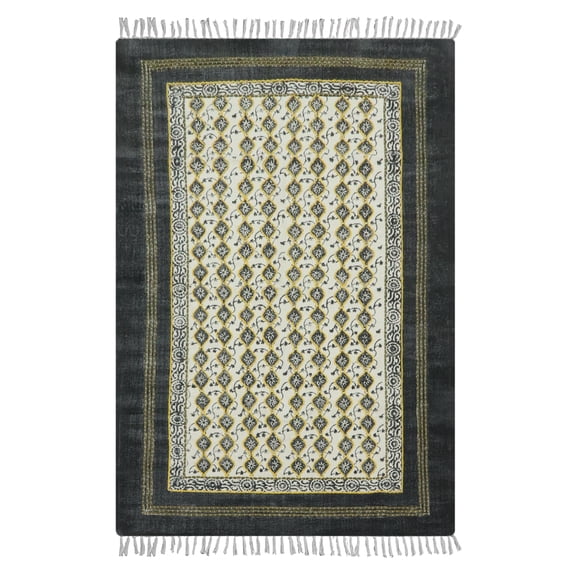 Casavani Handblock Printed Cotton Kilim Rug 2.6x6 Runner Rug Black Beige Floral Cotton Dhurrie Kitchen Runner Hallway Stair Runner