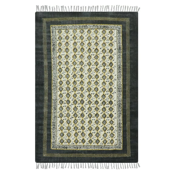 Casavani Handblock Printed Cotton Kilim Rug 2x14 Runner Rug Black Beige Cotton Dhurrie Floral Rug Hallway Stair Runner