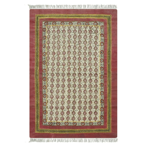 Casavani Handblock Printed Cotton Kilim Rug 2x3 Red Beige Area Rug Floral Rug Bedroom Rug Living Room Kitchen Bathroom Rug