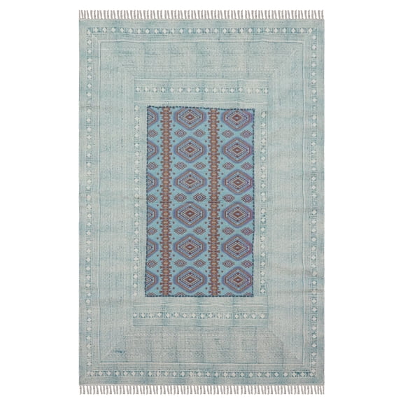 Casavani Handblock Printed Cotton Kilim Rug 3x5 Area Rug Blue Bedroom Kitchen Bathroom Rug