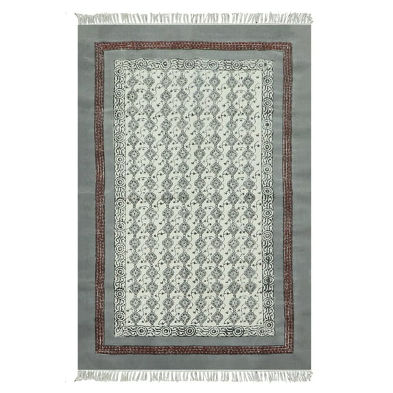Casavani Handblock Printed Cotton Kilim Rug 4x20 Runner Rug Gray Beige Cotton Dhurrie Floral Rug Hallway Stair Runner