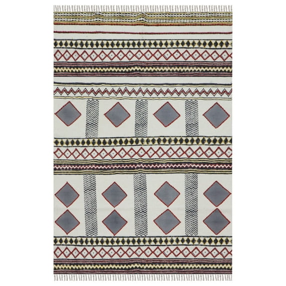 Casavani Handblock Printed Cotton Kilim Rug 5x8 Area Rug Gray Black Cotton Dhurrie Bedroom Rug Living Room Kitchen Bathroom Rug