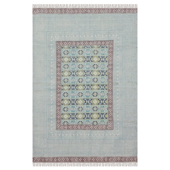 Casavani Handblock Printed Cotton Kilim Rug 6x8 Area Rug Blue Maroon Area Living Room Bedroom Dining Room Rug