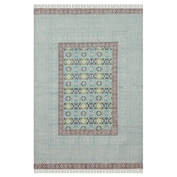 Casavani Handblock Printed Cotton Kilim Rug 6x8 Area Rug Blue Maroon Area Living Room Bedroom Dining Room Rug
