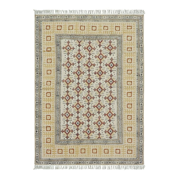 Casavani Handblock Printed Cotton Kilim Rug 9 Square Rug Yellow Beige Bedroom Square Dining Table Hall Room Patio Doormat