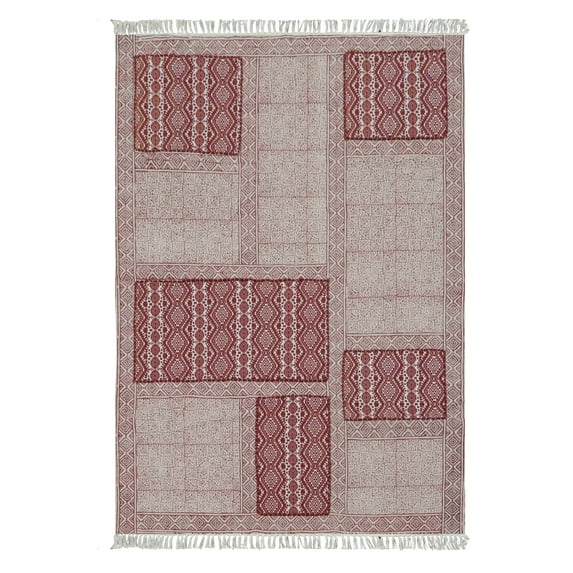 Casavani Handblock Printed Cotton Kilim Rug 9x12 Red Beige Area Rug Area Living Room Bedroom Dining Room Rug