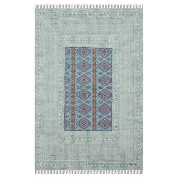 Casavani Handblock Printed Cotton Kilim Rug 9x15 Area Rug Blue Area Living Room Bedroom Dining Room Rug