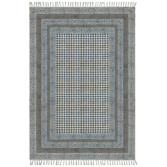 Casavani Handblock Printed Cotton Square Rug for Kitchen Study Room Outdoor Patio Rug, Gray 4x4 feet