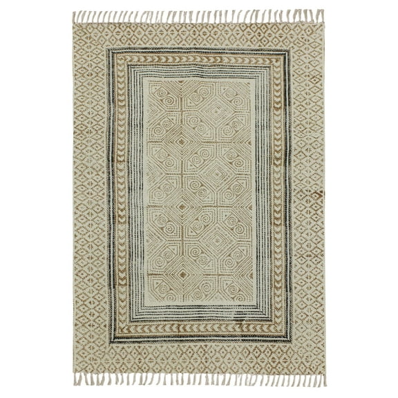 Casavani Handblock Printed Entrance Mat Beige Cotton Home Decor Kilim 2x3 feet