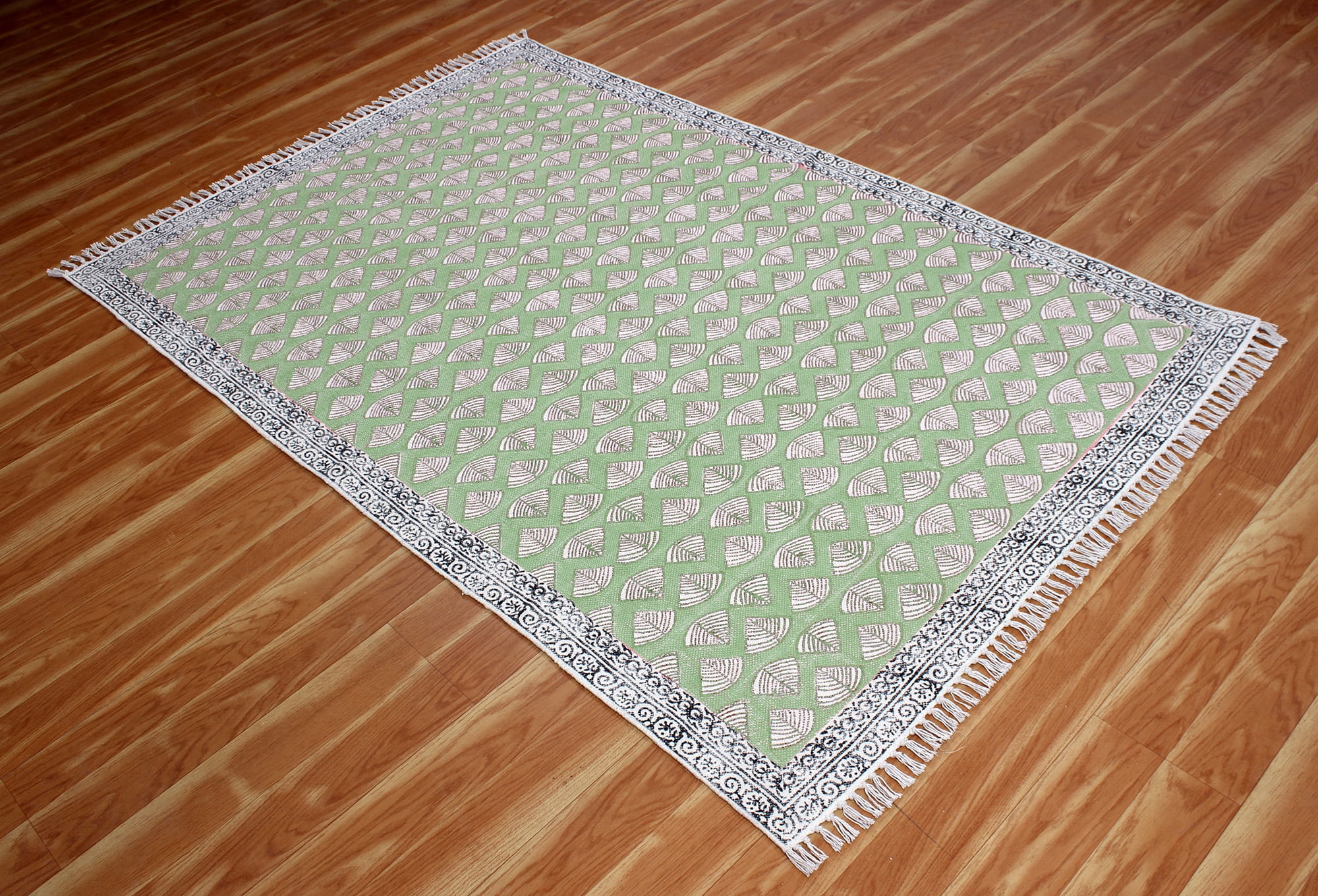 Casavani Handblock Printed Green Cotton Dhurrie 10'x10' Square Area ...