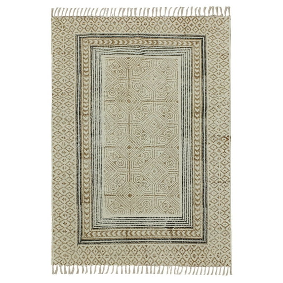Casavani Handblock Printed Living Room Carpets Beige Cotton Home Decor Kilim 10x16 feet