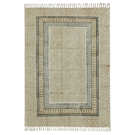 Casavani Handblock Printed Living Room Carpets Beige Cotton Home Decor Kilim 9x15 feet