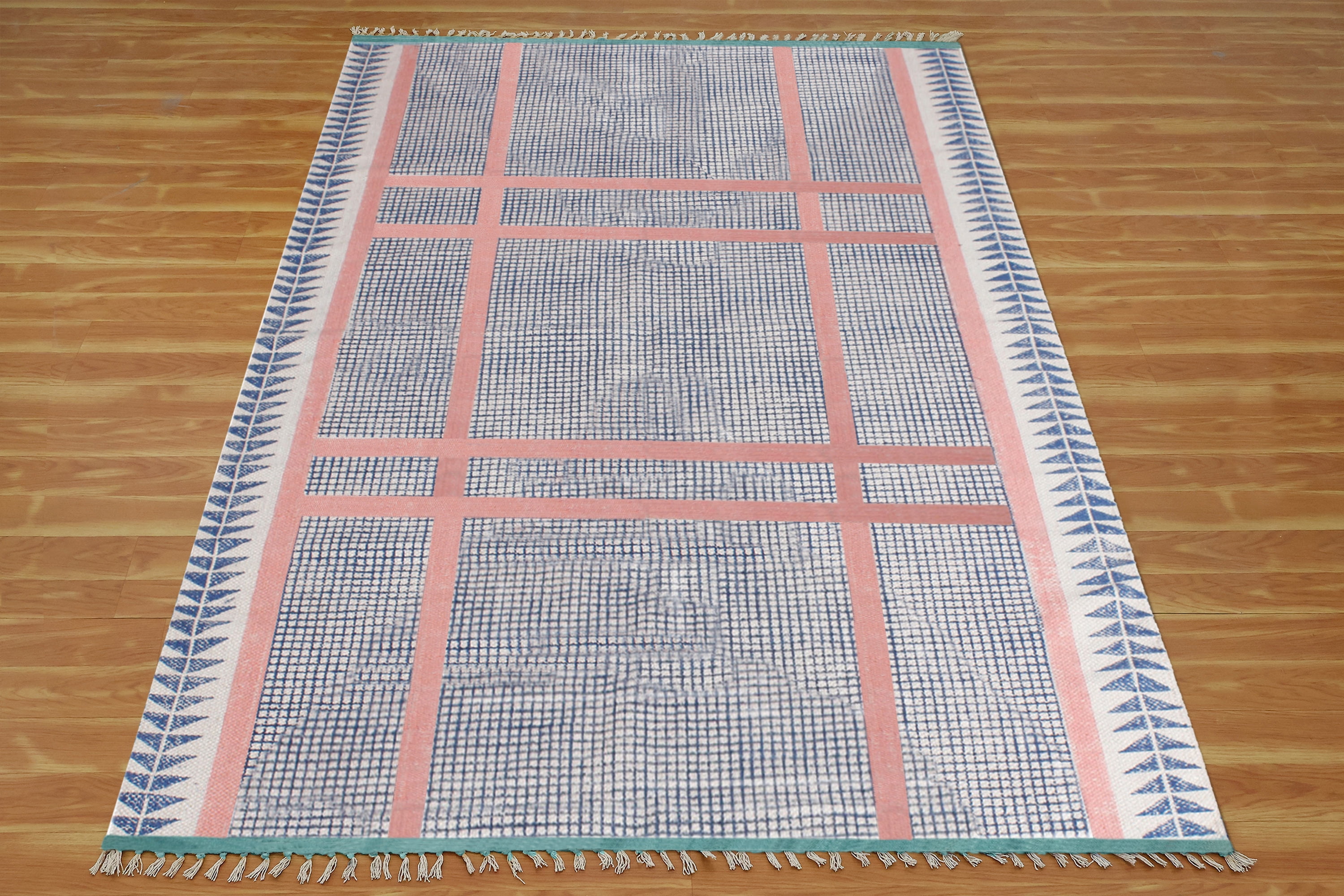 Casavani Handmade Block Printed Cotton Dhurrie Blue Dining Room Carpets