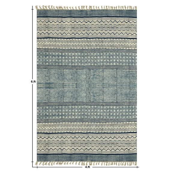 Casavani Handmade Blue Block Printed Cotton Indoor Outdoor Patio Rug Living Room Carpets 9x15 feet