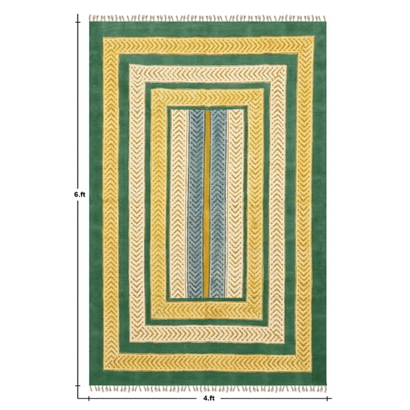 Casavani Handmade Green Cotton Dhurrie Square Kitchen Carpets Home Decor Kilim 4x4 feet