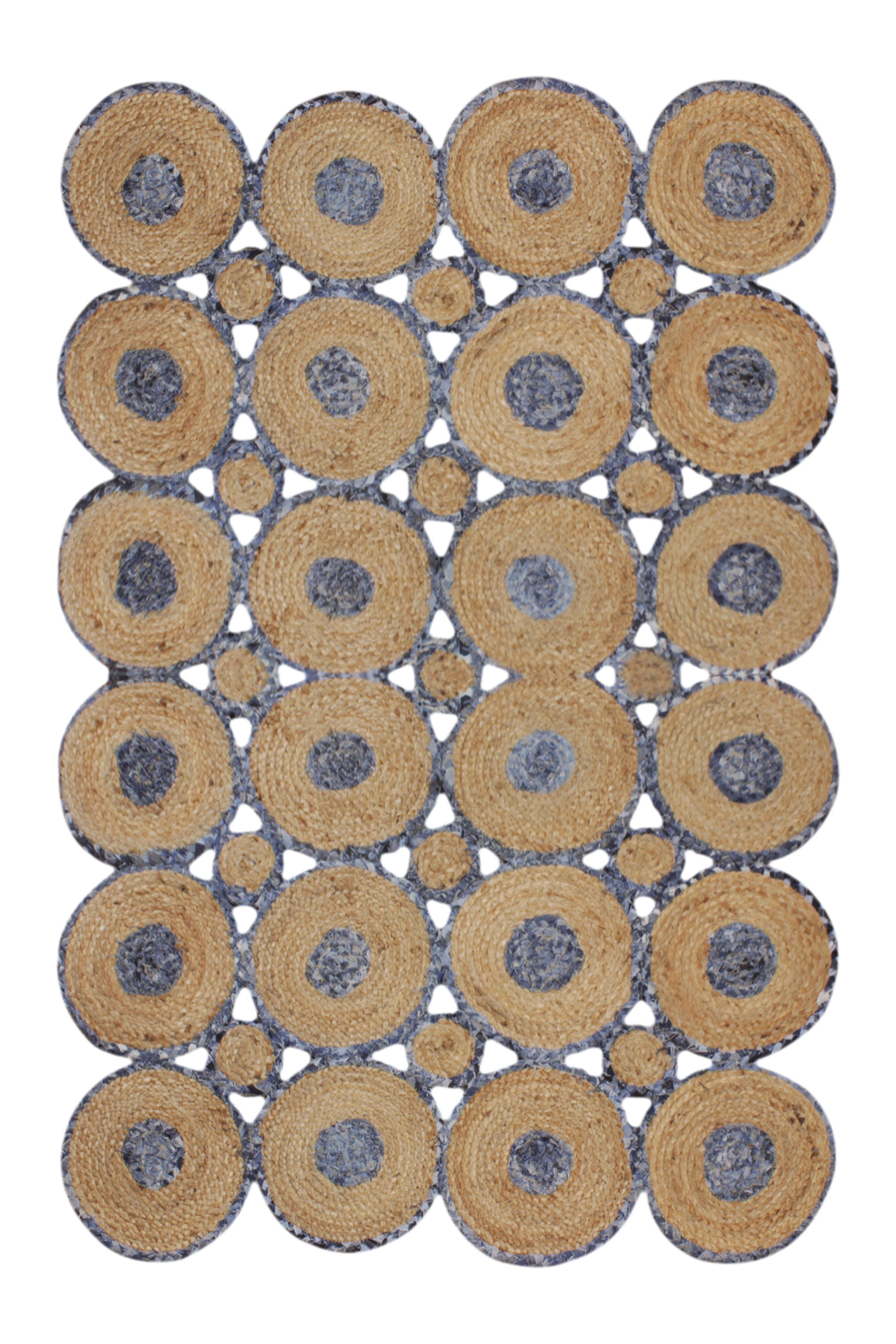 Casavani Handmade Scalloped Jute Cotton Rug Geometric Beige & Blue Living Square Area Mat Dining