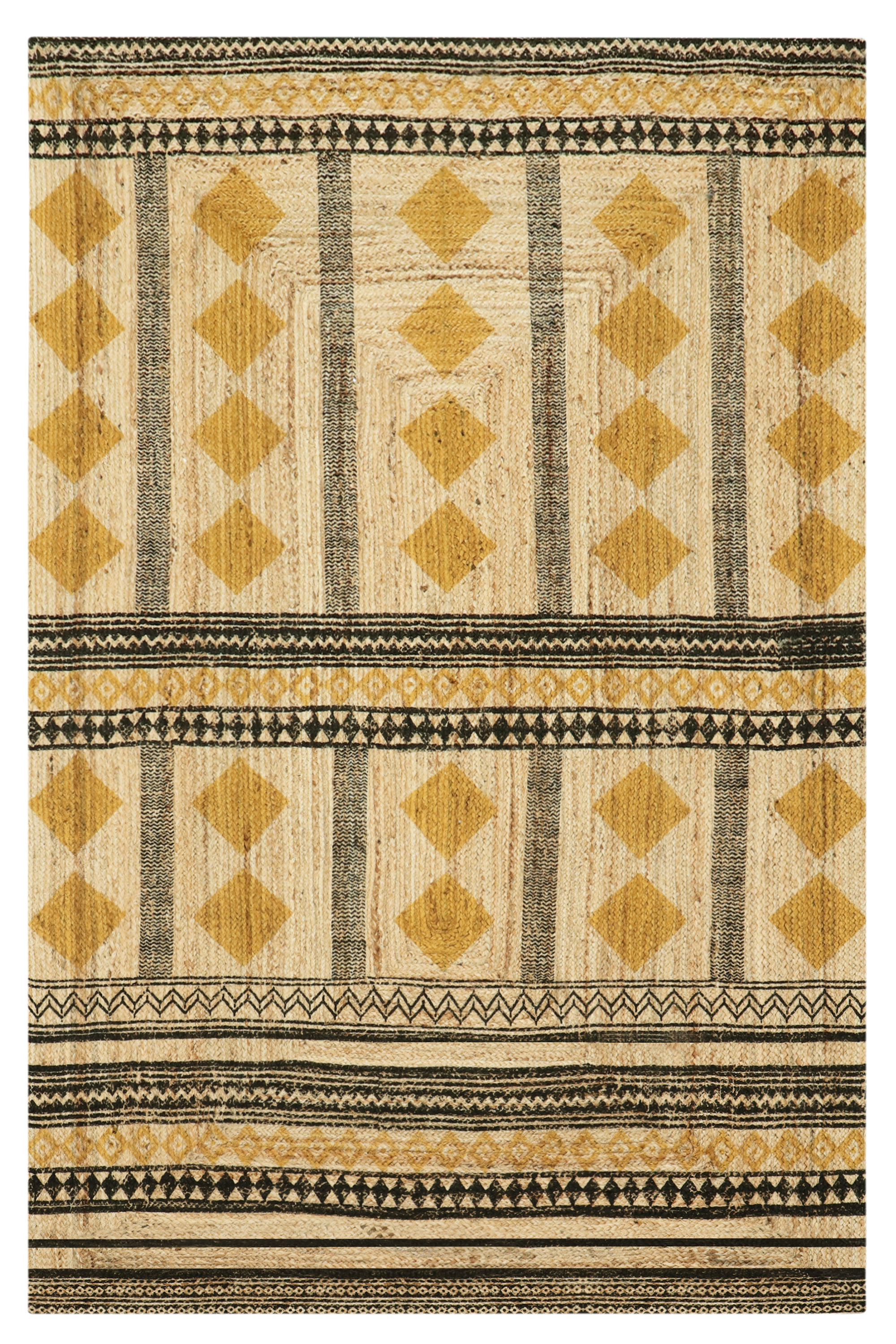 Casavani Jute Yellow Handblock Printed Area Rug Square Dining Room