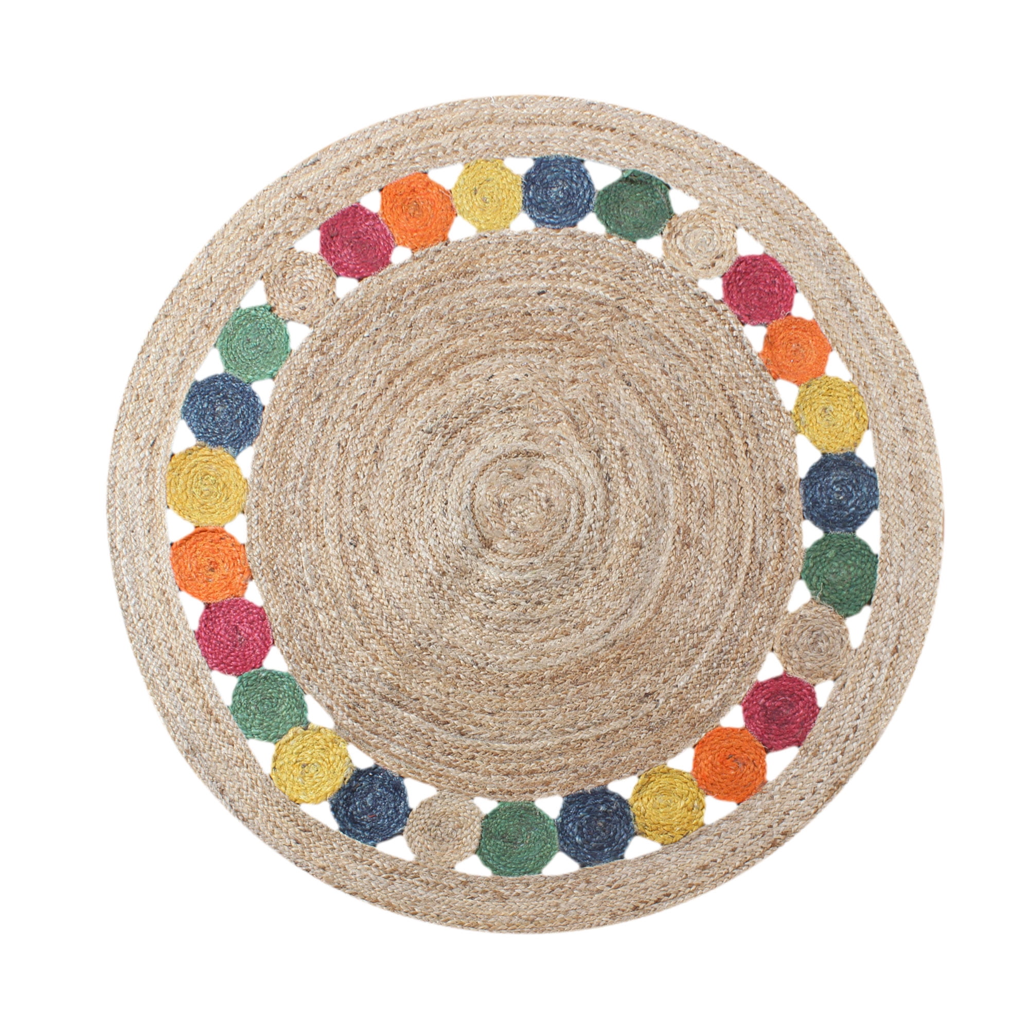Casavani Natural Fiber Jute Rug Geometric Beige & Multicolor Round Area