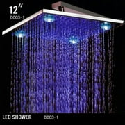 Cascada 12 Inch Square Rainfall LED Shower Head 4 Large Lights @ Corner, Stainless Steel with Chrome Finish Without Shower Arm