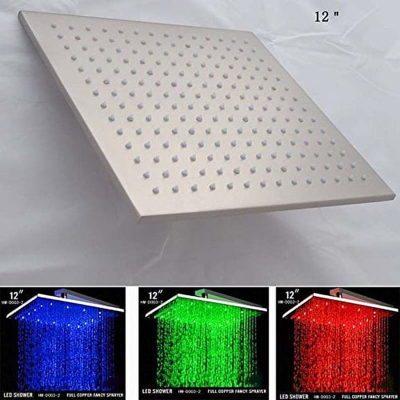 Cascada 12 Inch Wall Mount Square Rainfall LED Shower Head, Brushed Nickel Finish ((include Shower Arm)
