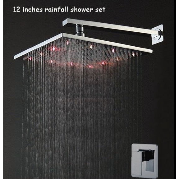 Cascada Bathroom Shower Set with 12 Rainfall Square LED Shower Head with Wall Mount Shower Arm and a Diverter Valve, Chrome Finish