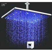 Cascada Bathroom Shower Set with 16  Rainfall Square LED Shower Head with Shower Arm and a Diverter Valve, Stainless Steel and Chrome Finish
