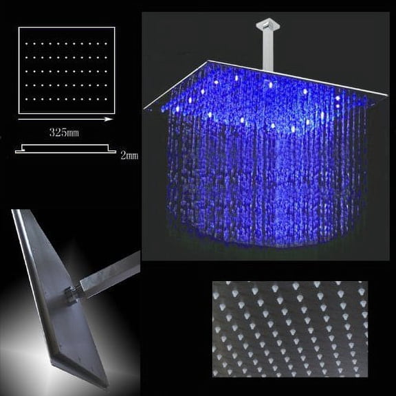 Cascada Ceiling Mount Rainfall LED Shower Head, (include Shower Arm) (12", Brushed Stainless Steel)