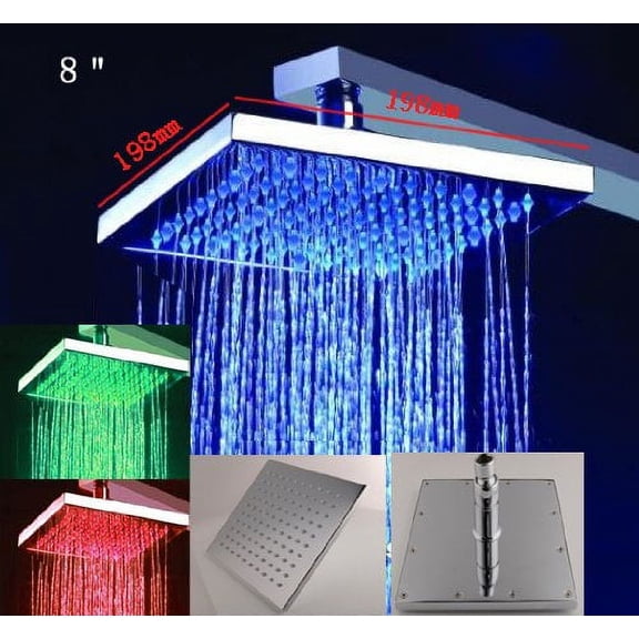 Cascada Ceiling Mount Rainfall LED Shower Head, (include Shower Arm) (8", Brushed Stainless Steel)