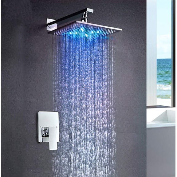Cascada Luxury 10" Square Wall Mounted Thermostatic Shower System With Automated LED Light RGB Color - Stainless Steel (10 Inch, Brushed Nickel)