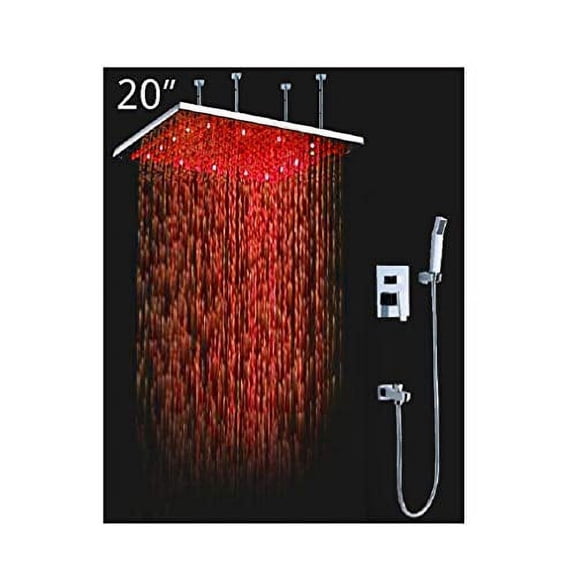 Cascada Luxury Bathroom Shower Set with 20 Rainfall Square LED Shower Head, Double-function Valve, and Brass Handheld Shower, Stainless Steel and Chrome Finish